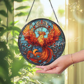 Phoenix Stained Glass Suncatcher, Round Fiery Bird Window Panel, Mythical Firebird Sun Catcher, Spiritual Rising From Ashes Home Decor Gift